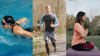 Woman swimming, man running, woman doing yogi outside, using movement as medicine